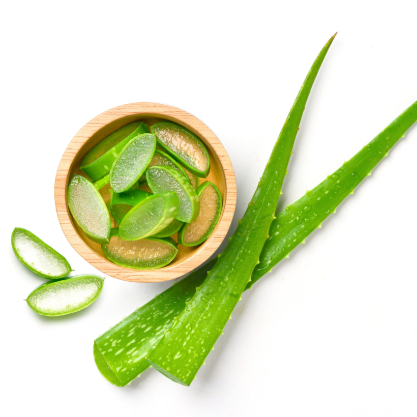 Flat lay (Top view) of Aloe vera sliced in wooden bowl with green leaves isolated on white background.